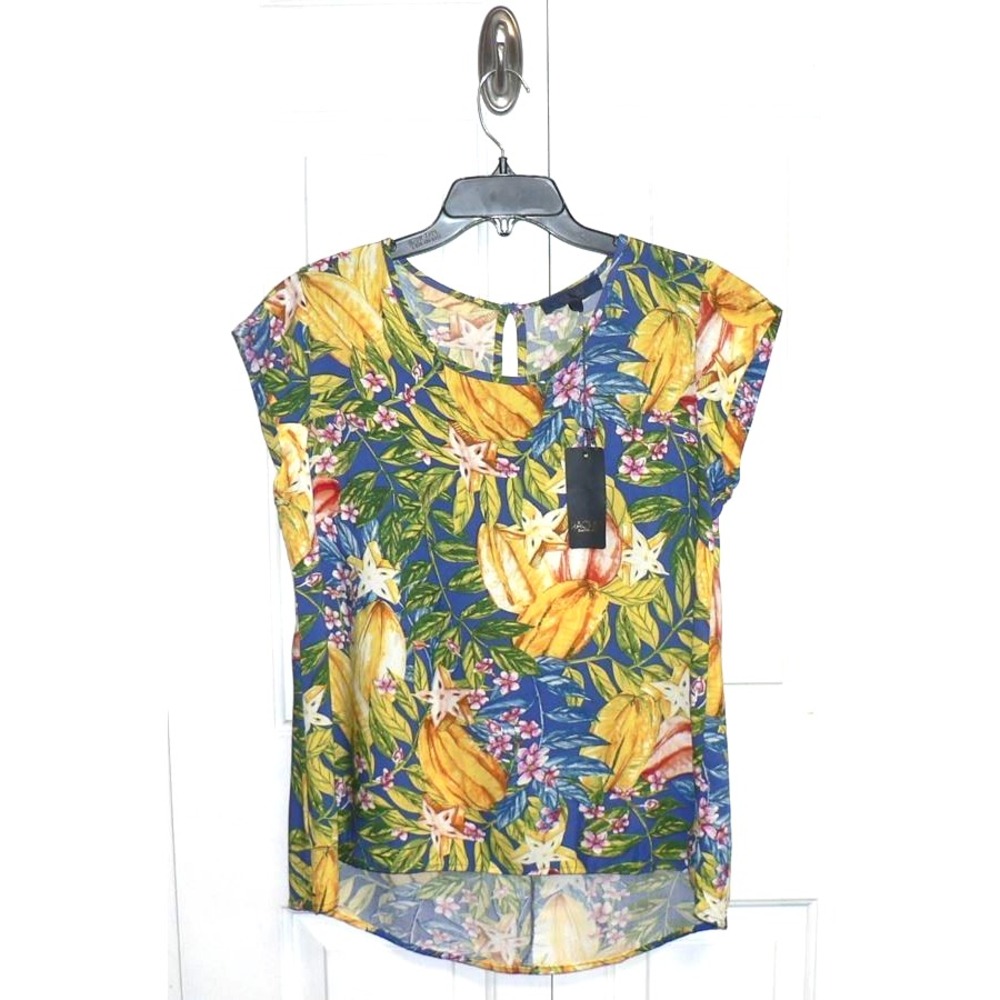 Rachel Roy Women's Tropical Floral Cap Sleeve Hi-Lo Rayon Keyhole Back Top Small